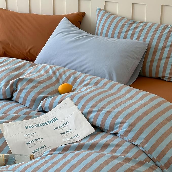Blue Brown Striped Duvet Cover Set Twin XL, 100% Washed Cotton Vintage Stripes Pattern Printed Bedding Set, 3 Pieces Farmhouse Striped Comforter Cover, Soft Breathable Duvet Cover with Zipper Ties