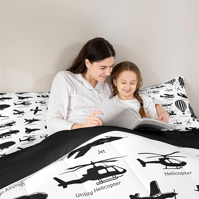 Erosebridal Airplane Comforter Set Full,Black White Airplanes Bedding Set Space Rocket Aircraft Down Comforter for Boys Kids Teens Room Decor,Helicopter Biplane Quilt Duvet Sets with 2 Pillow Cases