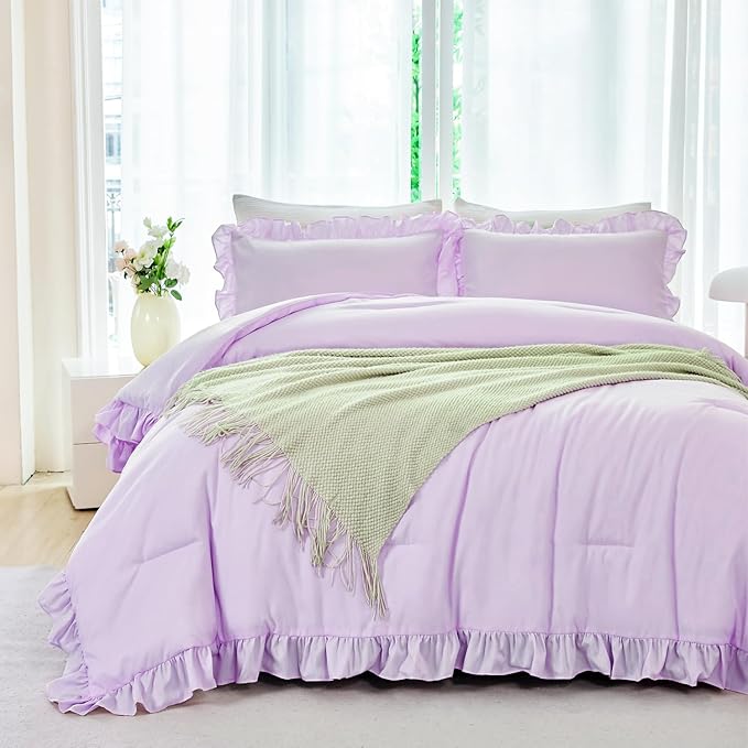 ANGIYUIN 5 Pieces Purple Comforter Set Twin Lavender Ruffle Bed in A Bag with Sheet Sets Solid Color Farmhouse Bedding Sets Soft Microfiber Bed Sets for Girls Kids(Purple Twin)