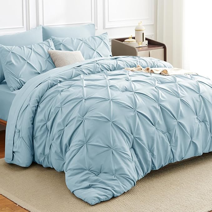 Full Comforter Set Light Blue, 7 Pieces Pintuck Bed in A Bag Full Size Bedding, Soft Bed Set All Season Pinch Pleat Comforter Set with Sheets, Pillowcases & Shams