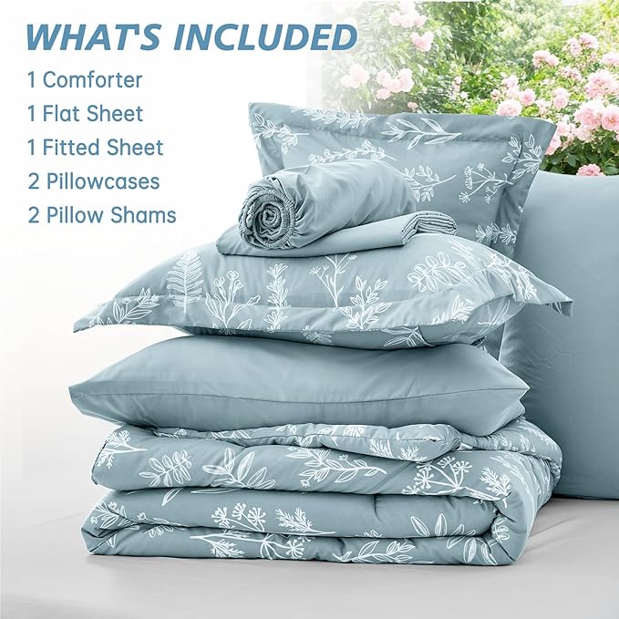 MUXHOMO Mineral Blue Full Comforter Set, Elegant Floral Print Bed in a Bag 7 Pieces, Ultra Soft & Breathable Reversible Botanical Pattern Bedding Set with Comforter, Sheets, Pillowcases, and Shams