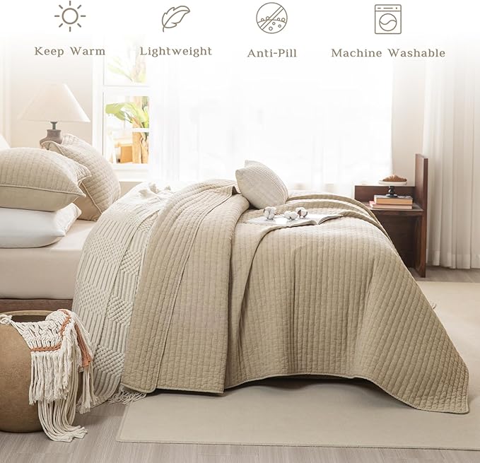 CozyTide Oversized King Bedspread 128"x120",Stone-Washed Cotton Wheat King Quilt Bedding Set Oversized,3 Pieces Soft Lightweight Extra Large Farmhouse Bedspread & Coverlet Sets