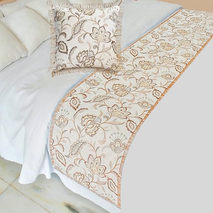 The HomeCentric King/Queen/Twin Beige Decorative Bed Runner King 90"x18" Bed Runner with One Pillow Cover, Floral, Pearl, Jute Lace, Embroidery Bed Scarf on Cotton Fabric - Floral Luster