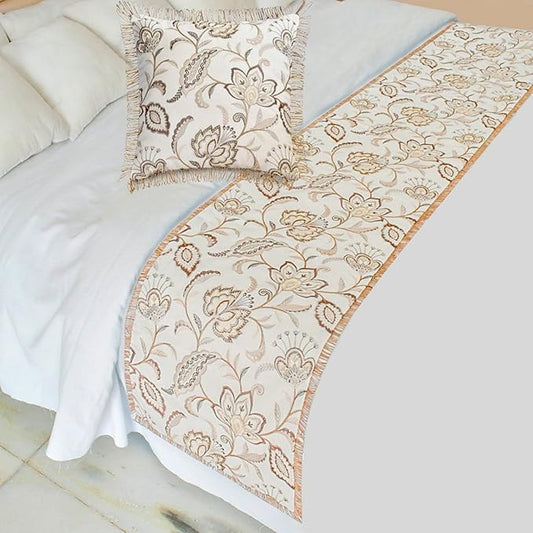 The HomeCentric King/Queen/Twin Beige Decorative Bed Runner Full 68"x18" Bed Runner with Two Pillow Cover, Floral, Pearl, Jute Lace, Embroidery Bed Scarf on Cotton Fabric - Floral Luster