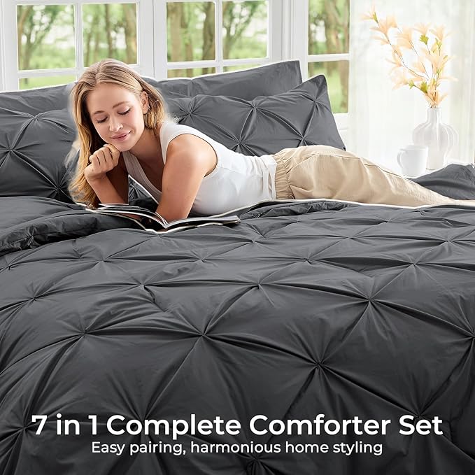Sasttie Queen Comforter Set, 7-Piece Bed in a Bag, Pintuck Bedding Set for All Season, Includes Comforter, Flat Sheet, Fitted Sheet, Pillowcases and Pillowshams, Dark Grey