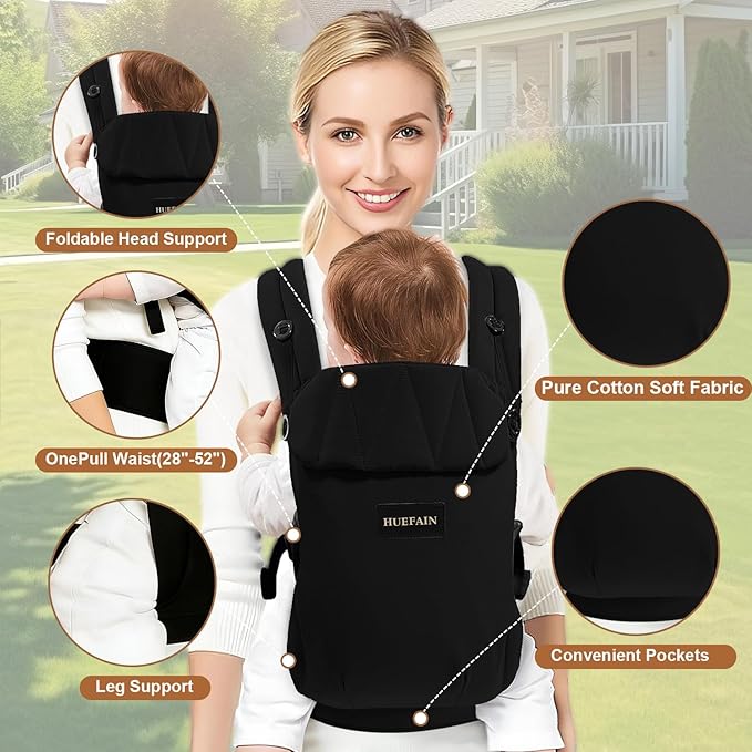 Baby Carrier (7–44 lbs), Soft Breathable Double-Shoulder Carrier with Adjustable Support, Ergonomic Design for Hip Positioning, Comfort Waist Support, Lightweight Hands-Free Baby Carrier (Black)