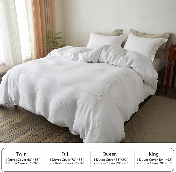 Simple&Opulence 100% Washed Linen Duvet Cover Set 88"x92" - 3 Pieces Soft Farmhouse Comforter Cover Set Double Embroidered with Button Closure - 1 Duvet Cover and 2 Pillowshams (White, Queen)