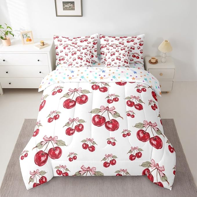 Feelyou Red Cherry King Comforter Set with Sheets for Kids Boys Girls Pink Bowknot 7 Pieces Bedding Set Cartoon Cherry Bed in a Bag Cute Bow Room Decor Soft Lightweight Microfiber