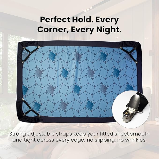 Bed Sheet Holders(4 Pack) Durable Metal Core, Adjustable Steel Buckle, Strong Elastic & Soft-Pad Grippers. Keep in Place Fitted Bedding Straps for Any Mattress, Easy No-Lift Install
