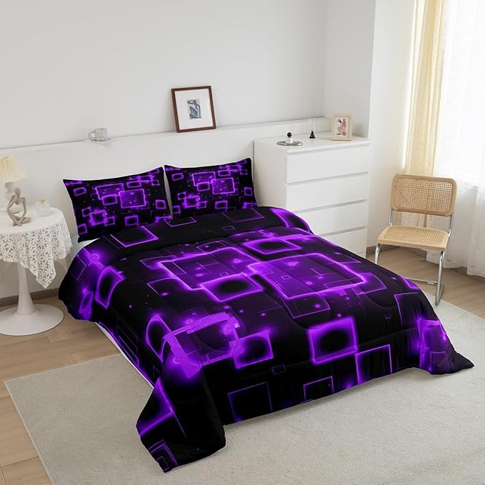 Feelyou Kids Geometric Purple Black Bedding Set Queen Size, Geometrics Comforter Set Light Honeycomb Comforter for Kids Boys Girls Abstract Duvet Insert Room Decor 3Pcs