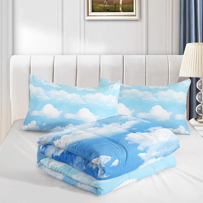 Axolotl Blue Cloud Comforter Set Full,Light Blue Bedding Set,Cloud Sky Comforter Set Blue Sky and White Clouds Design Bedding Set,Sky Blue Comforter for Kids Girls Boys Teens,1 Quilt 2 Pillowcases