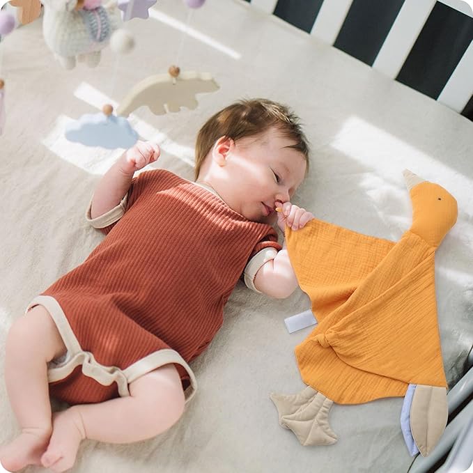 Organic Muslin Cotton Newborn Baby Loveys Security Blanket Soft & Breathable with Tags, Goose Lovies for Baby New Born Boy Girl Unisex Baby Unique Neutral Presents for Babies Newborn Toddler