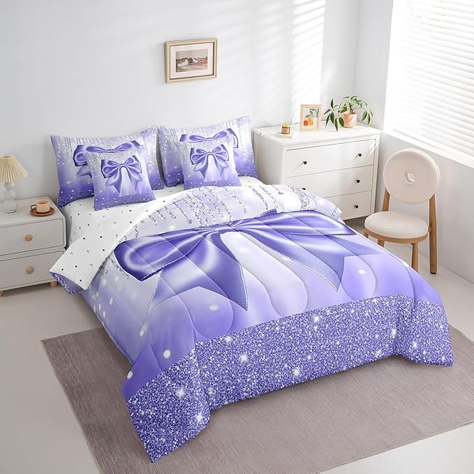 Feelyou Kids Cute Bowknot 7 Pieces Bedding Set Twin Size, Dreamy Princess Bed in A Bag Boys Girls Glitter Comforter Set with Sheets Watercolor Bow Teens Bed Set Bedroom Decor 7Pcs
