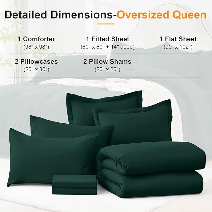 Oversized Queen Comforter Set 7 Piece - Soft Bed in a Bag Queen Size Comforter Sets, Cozy Bedding Sets with All Season Comforter, Flat Sheet, Fitted Sheet,2 Pillowcases & 2 Shams, Dark Green