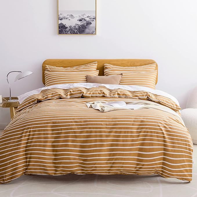 JELLYMONI Full Duvet Cover Set, Cotton Duvet Cover 3 Pieces with Zipper Closure, 1 Duvet Cover and 2 Pillowcases(Rust with White Striped)