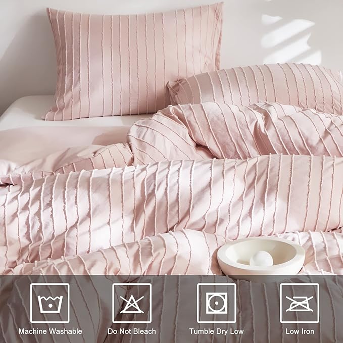 WARMDERN Pink Tufted Duvet Cover Set Queen Size, Striped Textured Duvet Cover Boho Bedding Set, 3 Pcs Ultra Soft Washed Microfiber Duvet Cover with Zipper Closure (Queen, Pink)