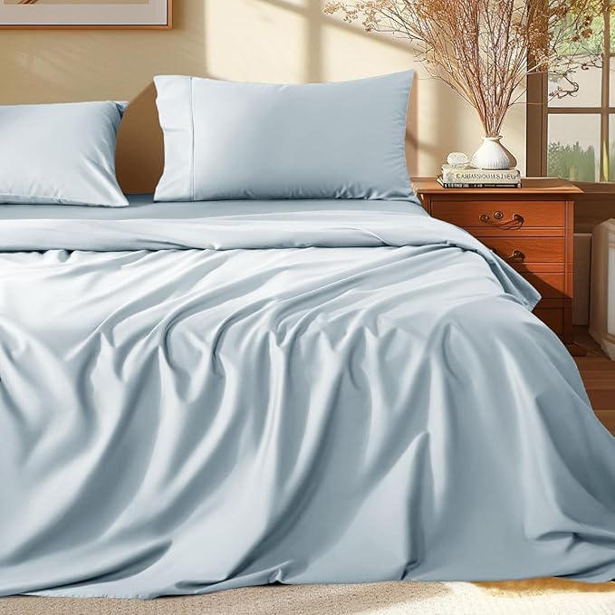 Shilucheng 100% Egyptian Cotton King Size Sheets Set - 1000 Thread Count，Luxury Cotton Bed Sheets，Breathable & Cooling Bedding and Pillow Cases, 16 Inch Deep Pocket - 4 Piece(Light Blue,King)