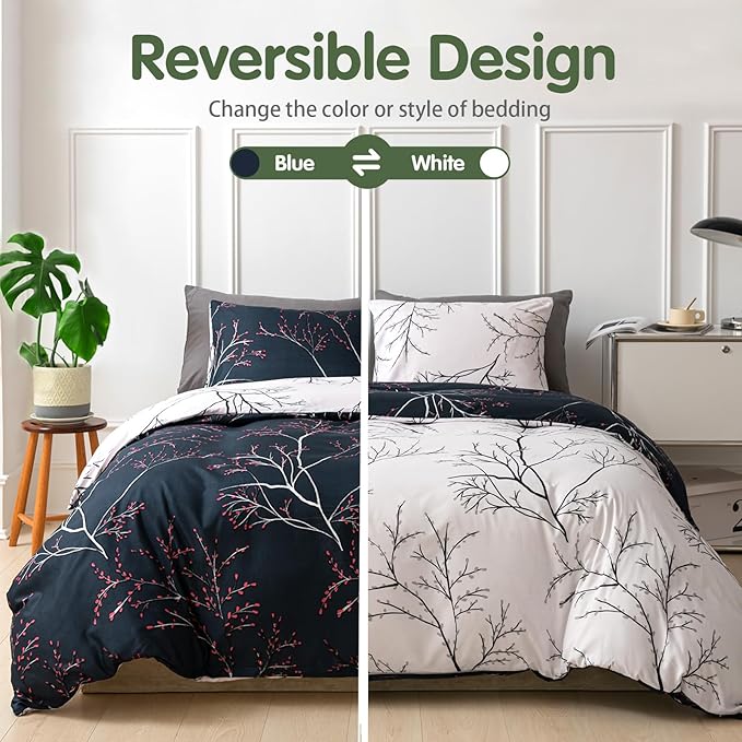 Lekesky Reversible Duvet Cover King Size, Starry Sky Blue Branch Comforter Cover King 3pcs Microfiber Botanical Bedding Set with Zipper Closure Corner Ties