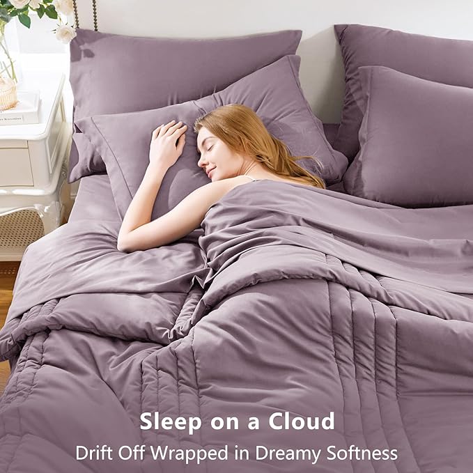 CozyLux King Comforter Set - 7 Pieces Bed in a Bag Dusty Purple Comforter Set with Sheets Luxury Bed Set All Seasons, Soft Bedding Set with Down Alternative Comforter, Sheets, Pillowcases & Shams