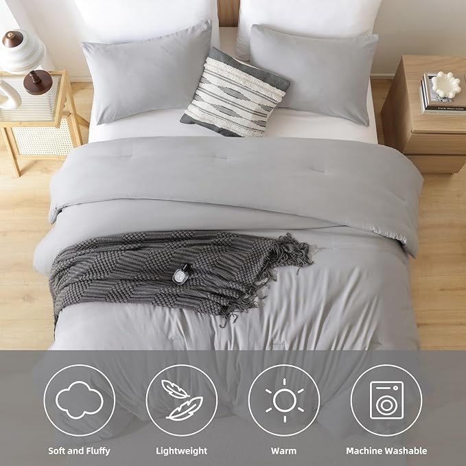 ROSGONIA Full Size Comforter Sets for Girls Boys Kids Grey, 3pcs Comforter Full Size (1 Gray Comforter & 2 Pillowcases) Lightweight Dorm Bedding Sets