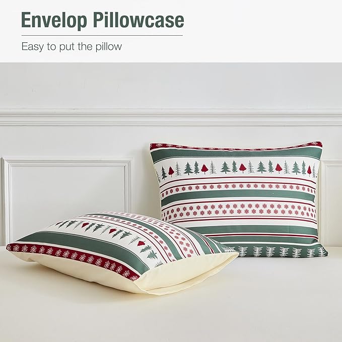 Lekesky Duvet Cover Queen Size,3 Pieces Reversible White Reindeer Snowflake Green Bedding Set with Zipper Closure and Corner Ties(1 Duvet Cover 90x90 inches + 2 Pillowcases)