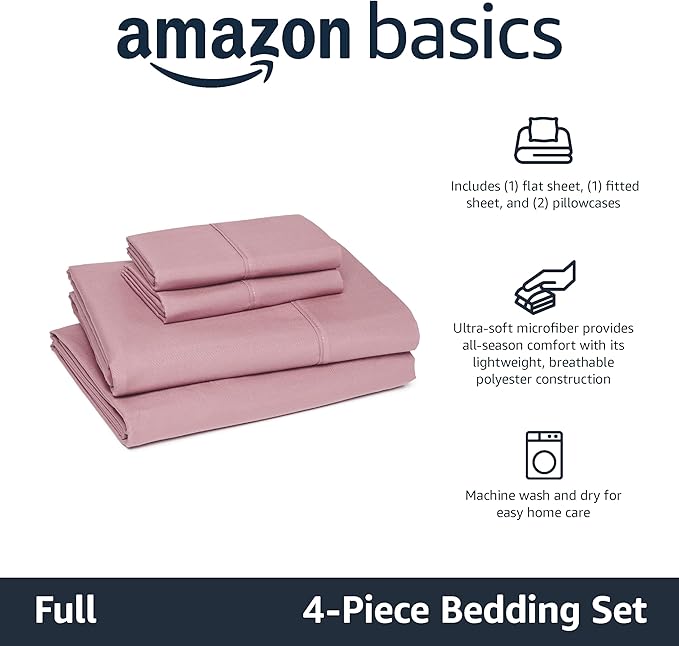 Amazon Basics Lightweight Microfiber 4-Piece Bed Sheet Set, Full, Rose, Solid