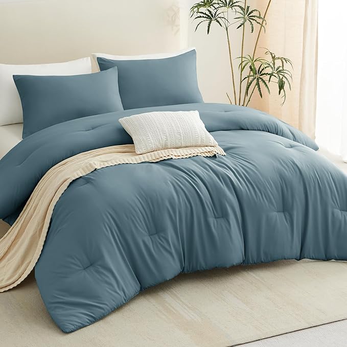CozyLux Queen Comforter Set Mineral Blue, 3 Pieces Solid Queen Comforter Breathable Quilted Bedding Sets, Luxury Soft Bed Set with Down Alternative Comforter All Season (1 Comforter & 2 Pillowcases)