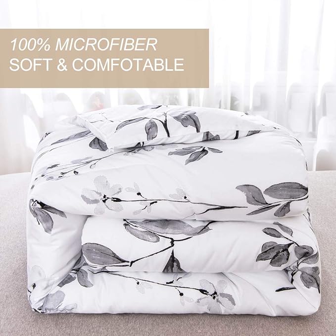 Nanko King Comforter Set 3pc,White and Gray/Grey Floral Reversible Down Alternative Microfiber Bedding - All Season Comforter and 2 Pillowshams Bed Sets for Women, 104 x 90 Size Flower