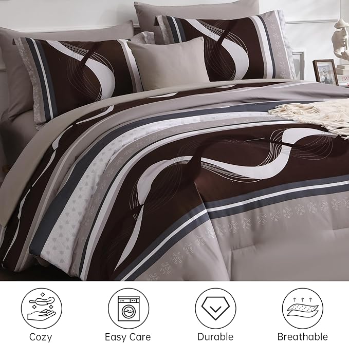 Anibedding Striped Comforter Set King Size,8 Pieces Bed in a Bag Beige and Brown Patchwork Bedding Sets,Boho Soft Microfiber Bedding Set for All Season(104"×90")