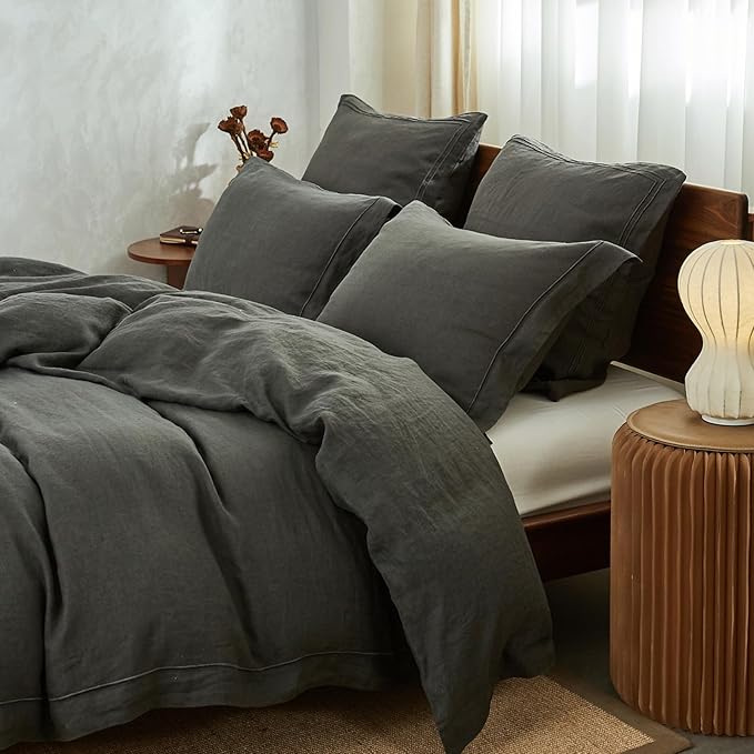 Simple&Opulence 100% Washed Linen Duvet Cover with Embroidered, 3 Pieces Soft Farmhouse Comforter Set with Button Closure,1 Duvet Cover and 2 Pillowshams(Full,Charcoal Grey)