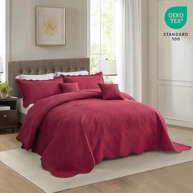 HZ & HY Oversized King Bedspread, Ultrasonic Coverlet Bedding Set, Lightweight Thin Comforter, Reversible, 5 Piece, 100% Microfiber, Wine Red
