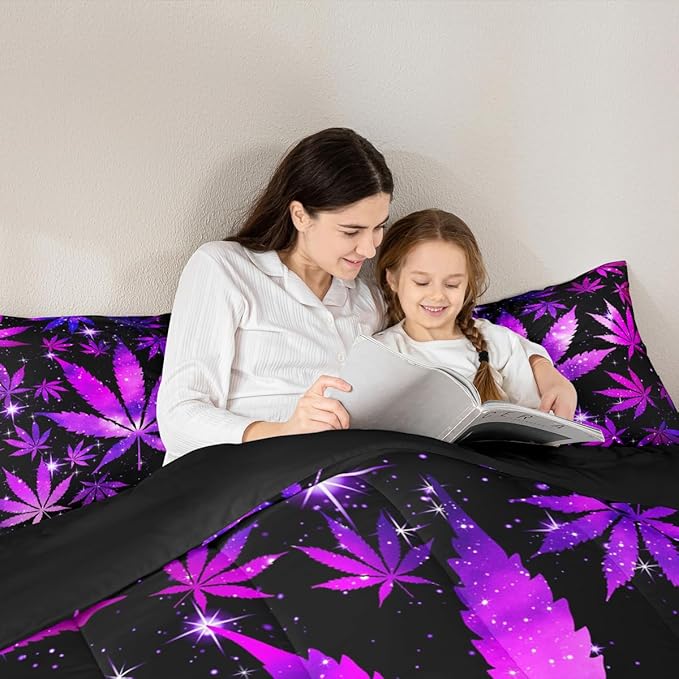 Erosebridal Hippie Black Purple Full Size Bed Comforter Set,Galaxy Stars Leaf Bedding Set for Adults Women Men,Leaves Comforter Botanical Quilt 2 Pillow Cases