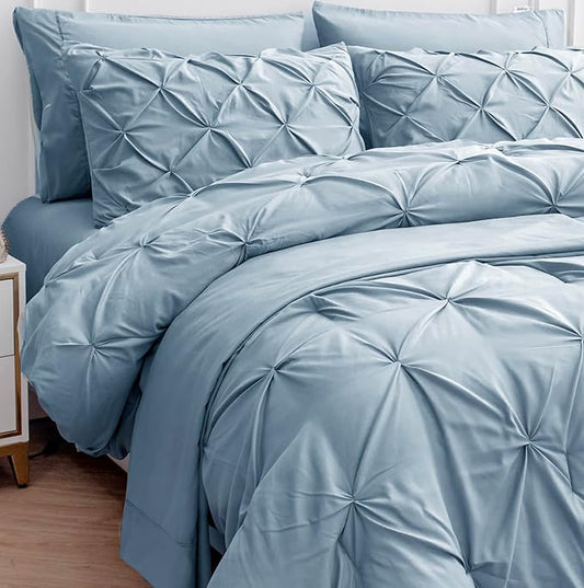 LANE LINEN Twin Comforter Set - 5 Piece - Elegant Pintuck Stitch Design Bedding - with 1 Comforter, 1 Pillowcase, 1 Sham, 1 Flat & 14" Fitted Sheet - Super-Soft, All-Season Everyday Use – French Blue | Everyday soft touch, Fade resistant, Wrinkle resis...