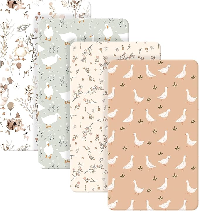 Peryiter 4 Pack Crib Sheets Girl Soft Baby Bed Sheet Set 52'' x 28" Nursery Crib Sheets for Standard Bed for Nursery Decor Baby Boys or Girls(Brown,Silly Goose)