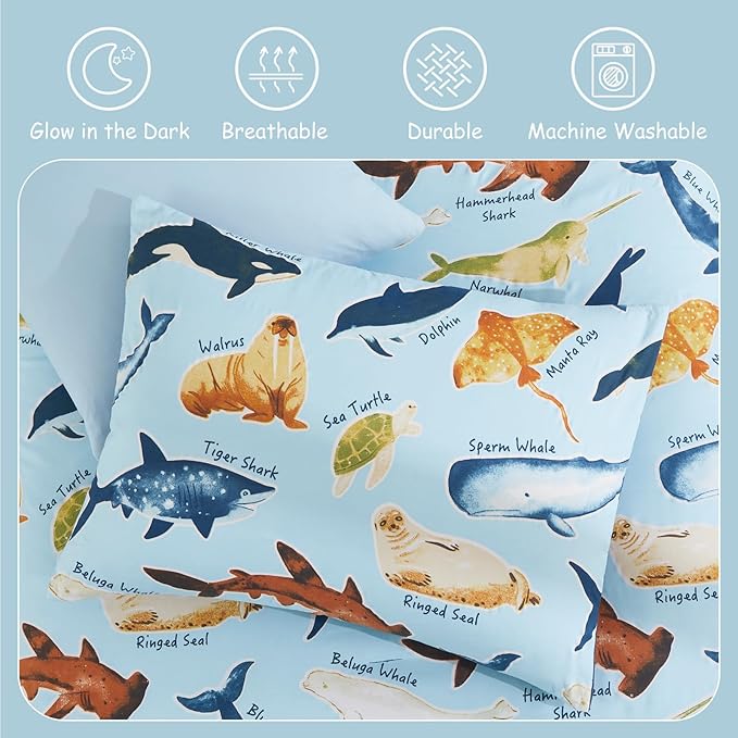 Full Comforter Set for Boys Kids - 7 Pieces Glow in The Dark Ocean Animals Full Size Bedding Sets for Kids, Ultra Soft Bed in A Bag with Sheets