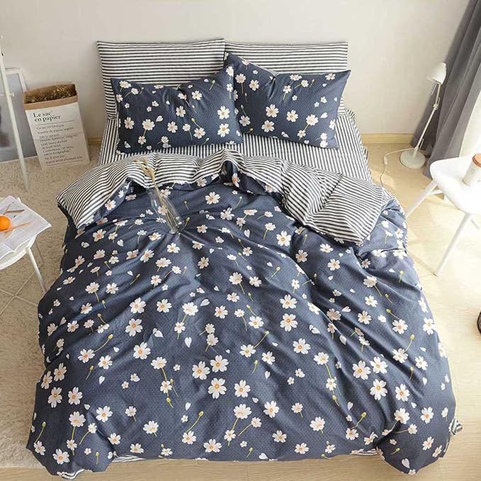 HighBuy Floral Duvet Cover Kids Girls Shabby Chic Duvet Cover Set Cotton Striped Reversible Stripe Pattern Navy Blue Teens Boys Bedding Set Twin Single Bed Comforter Covers