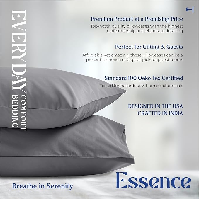 Mayfair Linen 100% Organic Cotton Percale Pillow Cases Standard/Queen Size Set of 2 - Percale Pillowcases Standard/Queen, Soft Cooling Pillow Cases for Sleeping, Cotton Pillowcovers - Dark Grey
