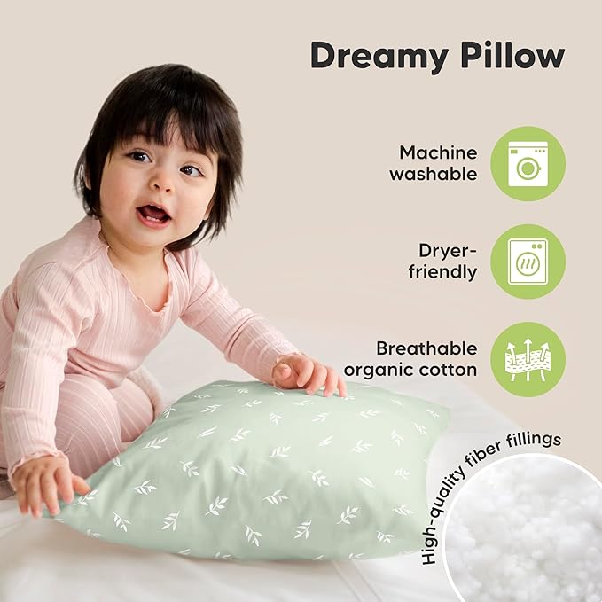 KeaBabies 2-Pack Toddler Pillows 2 Year Old to 5-13x18 Soft Organic Cotton Kids Pillow for Sleeping, Travel, School, Daycare, Nap, Toddler Bed, Machine Washable, Without Pillowcase (Herb)