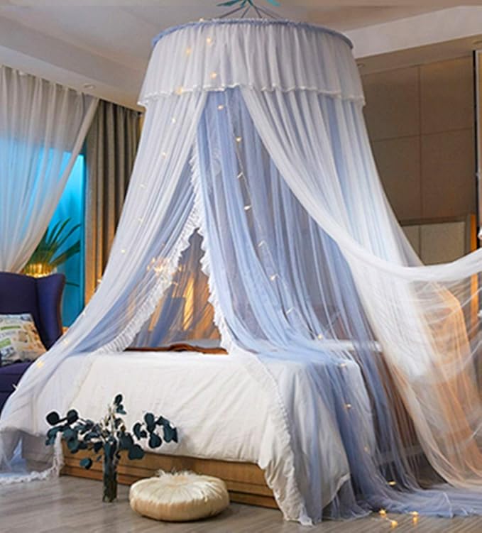 VETHIN Princess Bed Canopy for Girls,Bed Canopy Curtain- Double Layer Sheer Mesh Dome Bed Curtain- Round Lace Princess Mosquito Net Tent with led Stars String Lights(Light Gray/White1)