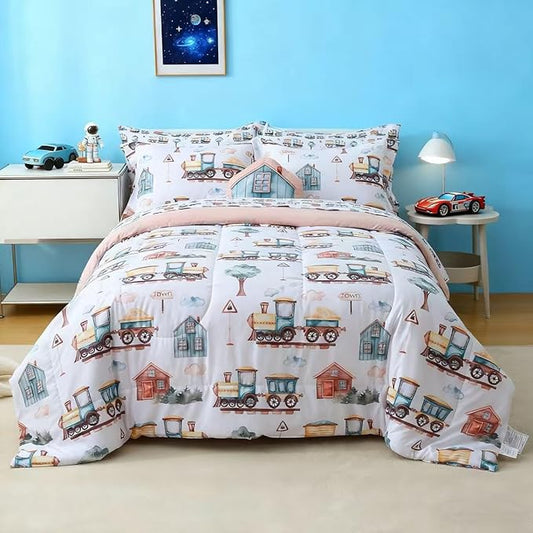 Mooreeke Kids Full Comforter Sets for Boys 8 Pieces Train Bedding Set for Teens Microfiber Country Train Town Kids Bed in A Bag with Comforter, Sheet Set, Shams and Decorative Toy Pillow All Season
