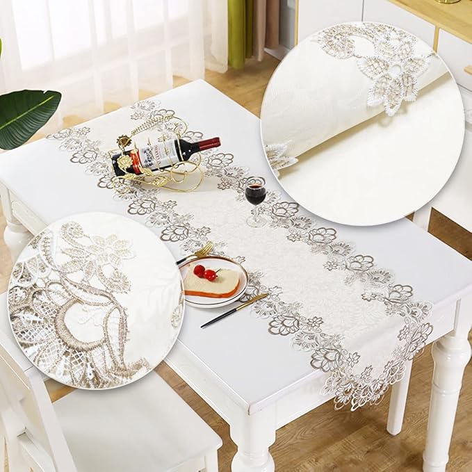 LeLehome 69 Inches Embroidery Lace Table Runner, Classic Jacquard Floral Dresser Scarf for Kitchen Dining Restaurant Party Wedding Tabletop Home Decoration Beige White