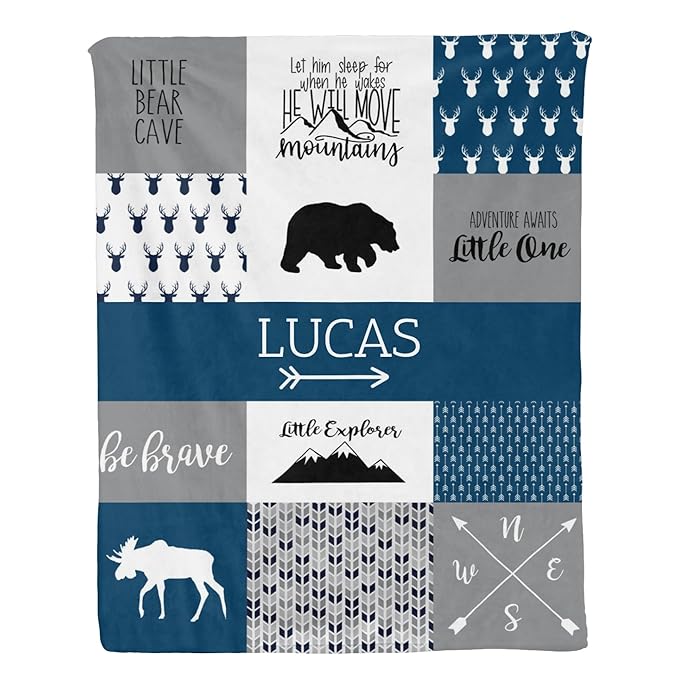 Custom Bear Baby Blanket for Boy, Litter One Blanket with Name - 35 x 45 Blankets with Double Layer Dotted Backing - Shower Gifts for Nursery - Essential Baby Stuff, Dark Slate Blue