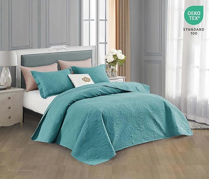 CHIXIN Quilt Twin Size - Damask Paisley Bedspread Coverlet Set - Classic & Gorgeous Style Bedding Cover, Ultrasonic Quilting, Reversible, Lightweight, 4 Piece, Lagoon