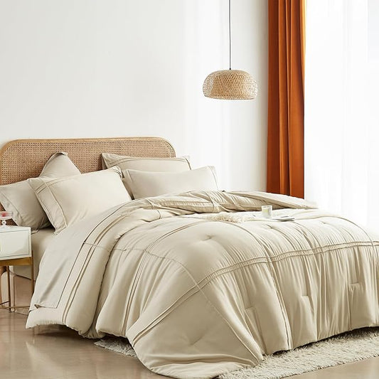Yogeneg Queen Comforter Set 7 Piece Bed in a Bag,Grid Pinch Pleat Beige Bedding Set,Striped Textured Soft Microfiber Comforter with Sheet Set,All Season Complete Bed Set(Beige,Queen)