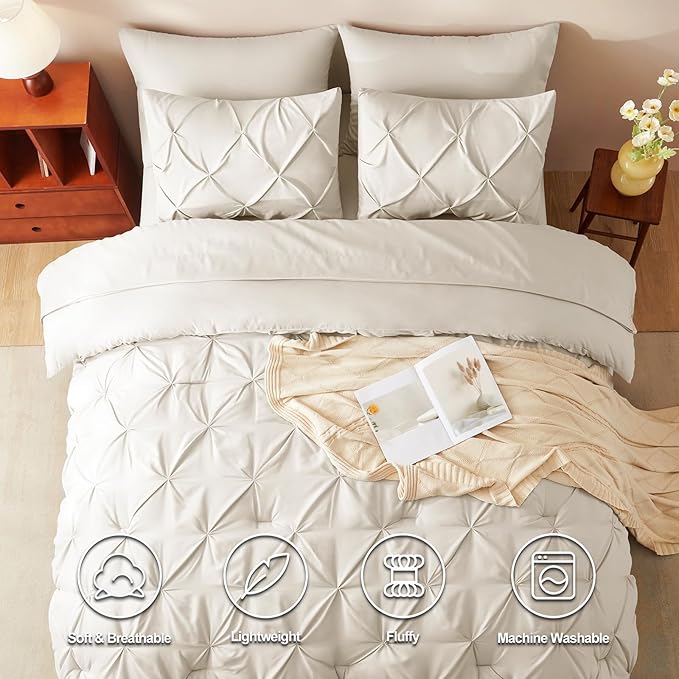 CozyLux California King Comforter Set Oatmeal - 7 Pieces Cal King Pintuck Bed in A Bag Gift for Family, Pinch Pleat Bedding Sets with All Season Comforter, Sheets, Pillowcases & Shams