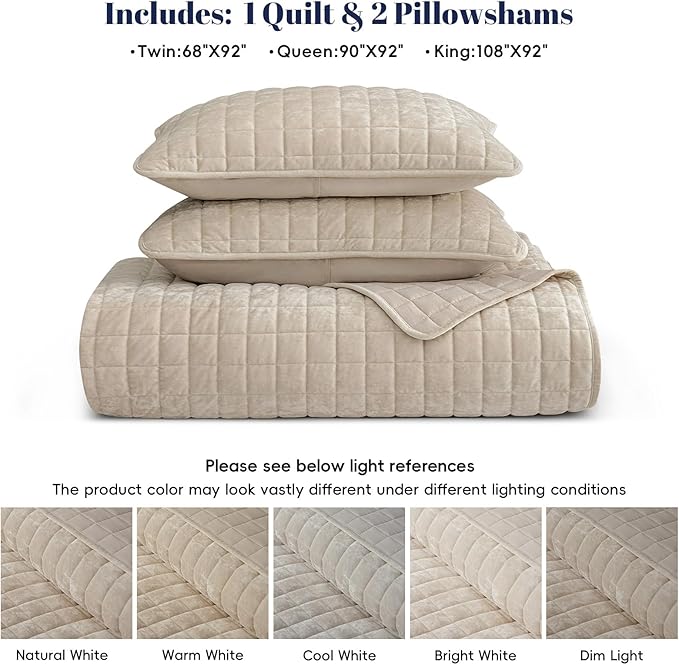 PHF Luxurious Velvet Quilt Set King Size – 3PCS Super Soft Quilted Comforter Alternative with Square-Box Quilt Pattern, Warm Quilted Bedspread Coverlet, 108" x 92", Oxford Tan