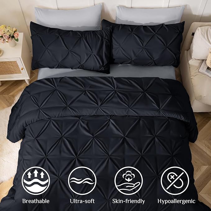 JOLLYVOGUE Full Size Comforter Sets 7 Pieces - Bed in a Bag Full for All Season, Pintuck Bedding Comforter Sets with Comforter, Flat Sheet, Fitted Sheet and Pillowcases & Shams, Black & Light Grey