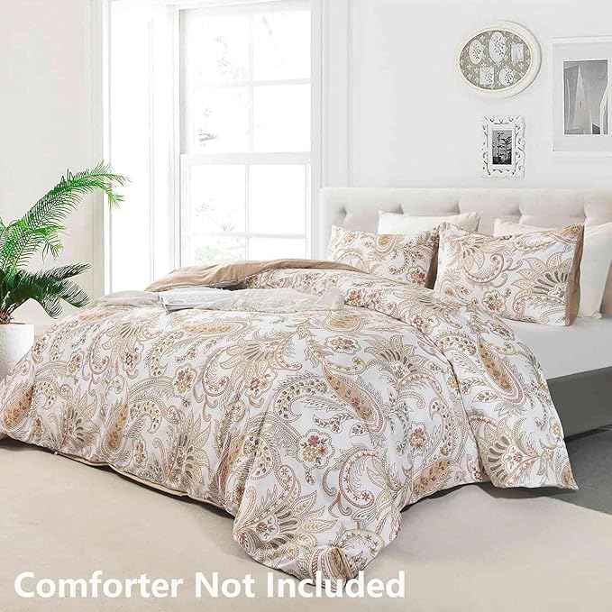 Nanko Paisley Duvet Cover Set Queen Size, Tan Taupe Classy Boho Damask Printed Pattern Bed Set, Soft Microfiber Reversible Comforter Bedding Cover with Zip Ties - Farmhouse for Women Men, 3 Pcs 90 x90
