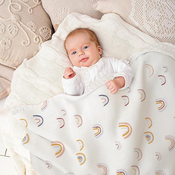 Cotton Muslin Front Fluffy-Backed Baby Swaddle Blankets Double Layer Nursery Plush Dotted Fleece Back Receiving Bed Quilt Blanket for Unisex Newborn Toddler Boys Girls 30 x 41 Inches