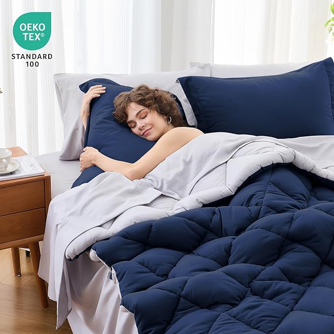 MUXHOMO 7 Pieces California King Comforter Set, Reversible Bed in a Bag Cal King Size, All Season Bedding Set with Comforter, Flat Sheet, Fitted Sheet, Pillowcases & Shams, Navy & Light Grey